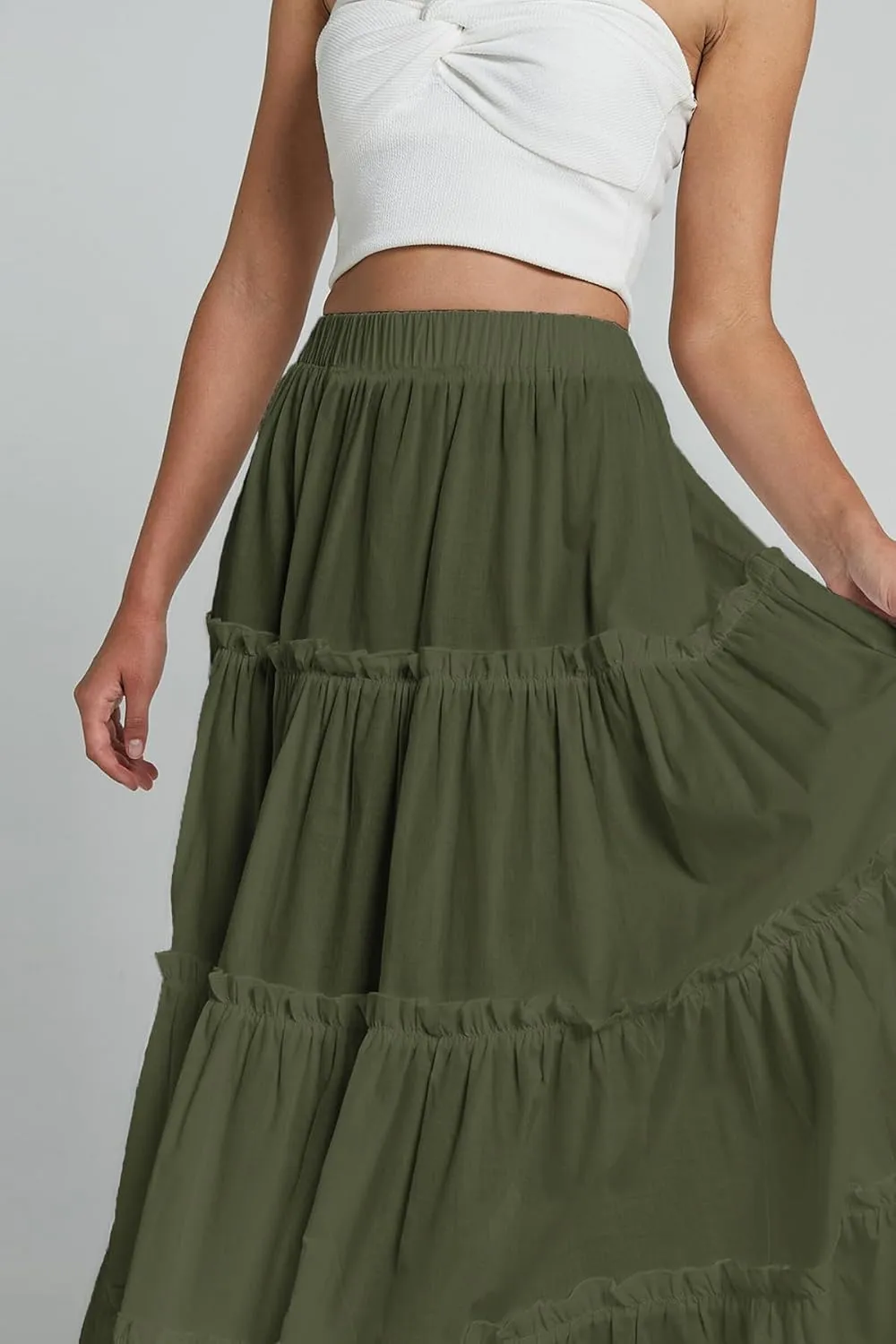 Maxi Tiered Skirts for Women Long Boho Skirt Pleated A-Line Elastic Waist Flowy Long Beach Skirt