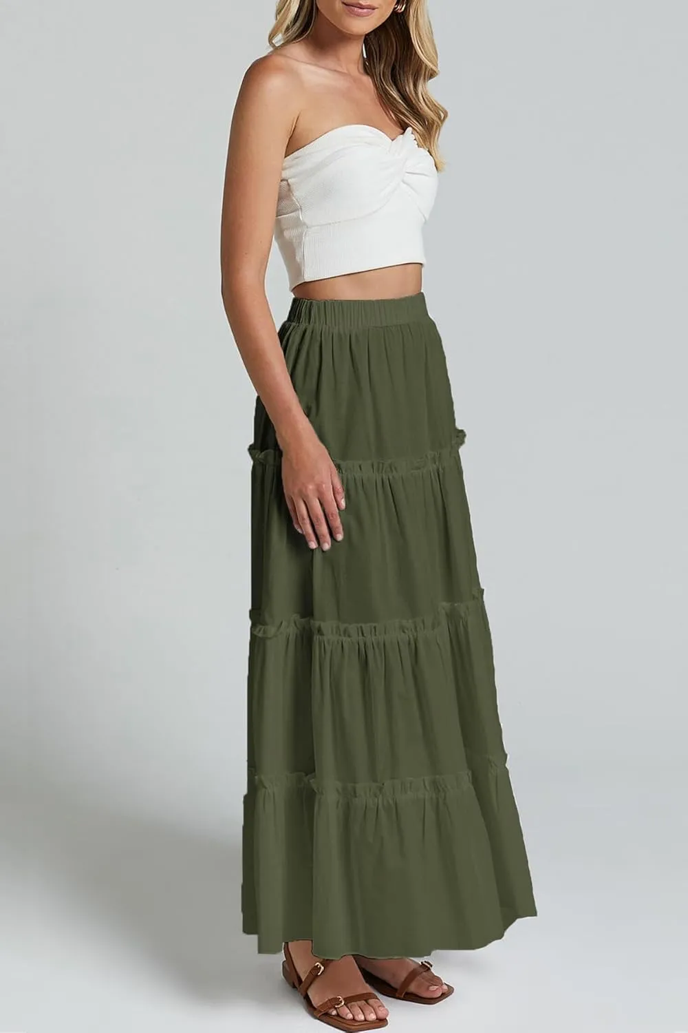 Maxi Tiered Skirts for Women Long Boho Skirt Pleated A-Line Elastic Waist Flowy Long Beach Skirt