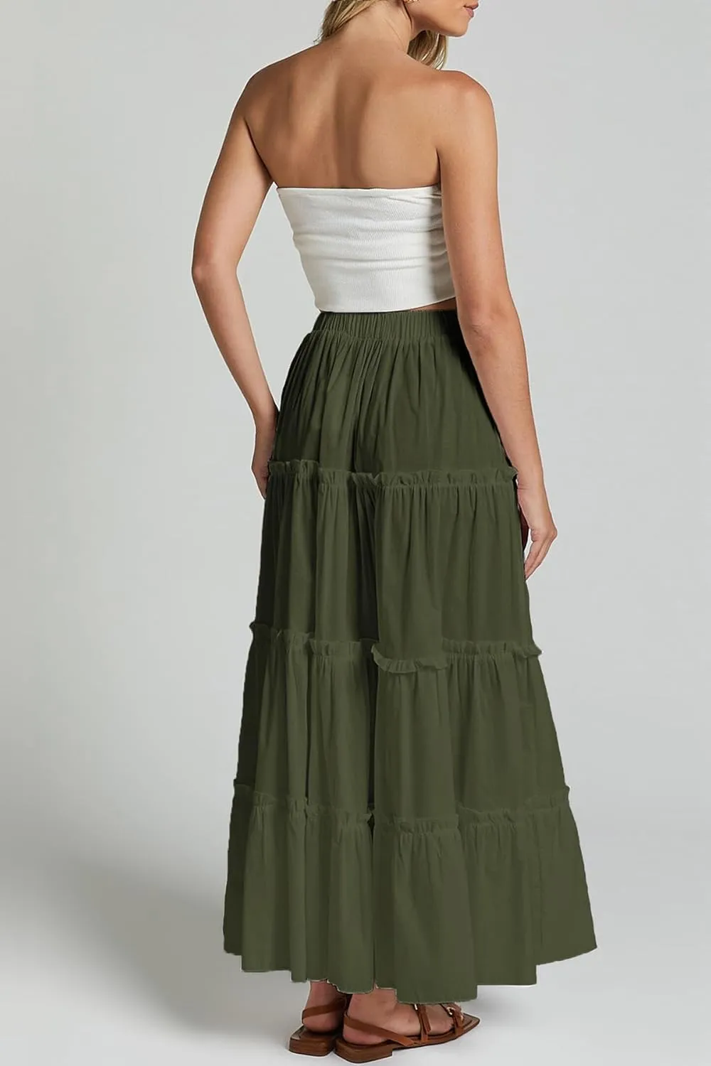 Maxi Tiered Skirts for Women Long Boho Skirt Pleated A-Line Elastic Waist Flowy Long Beach Skirt