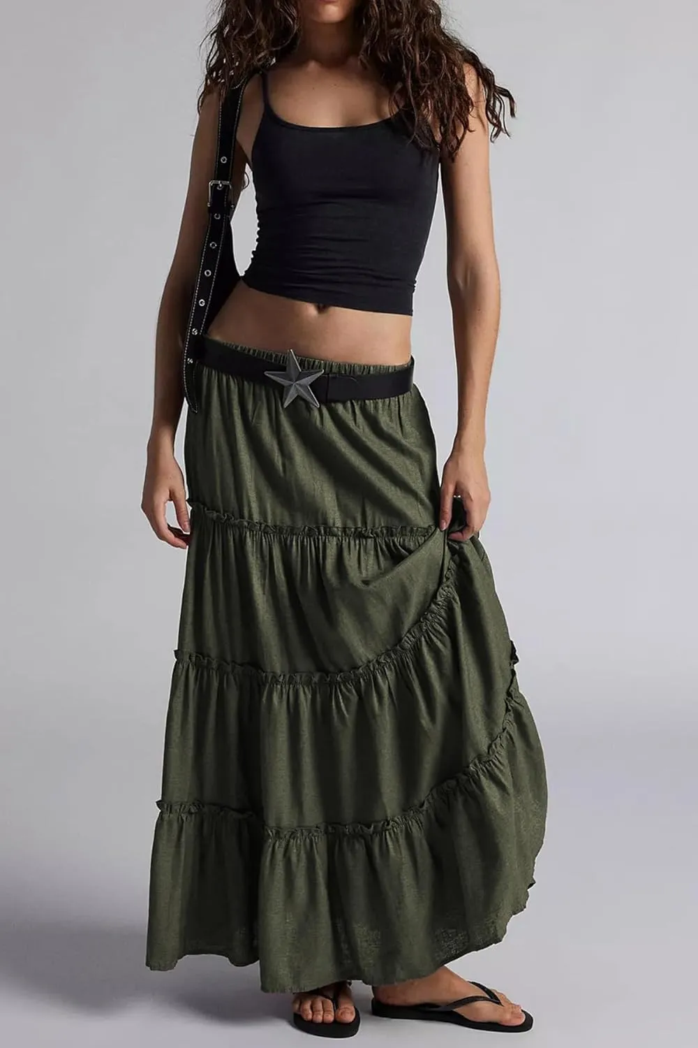 Maxi Tiered Skirts for Women Long Boho Skirt Pleated A-Line Elastic Waist Flowy Long Beach Skirt