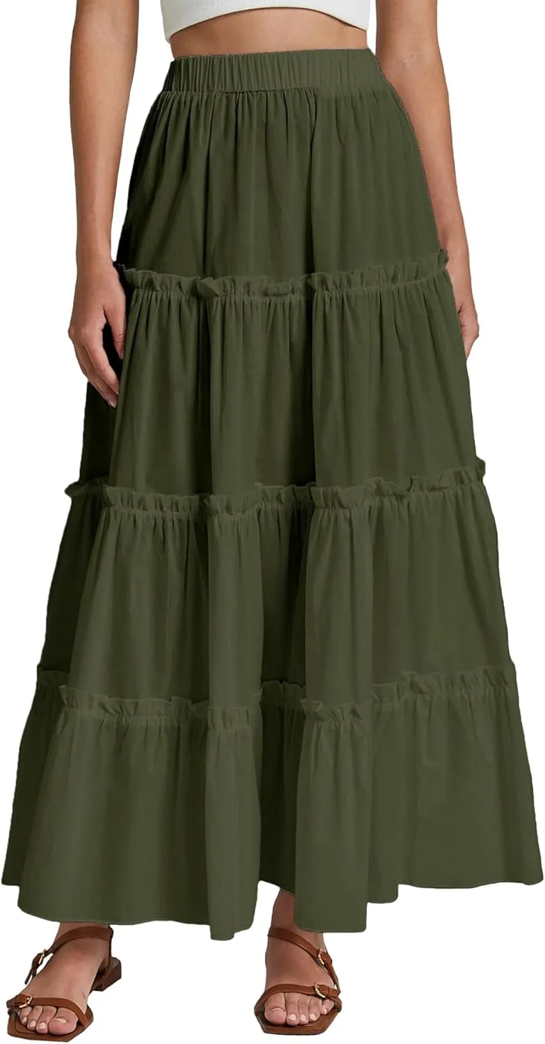 Maxi Tiered Skirts for Women Long Boho Skirt Pleated A-Line Elastic Waist Flowy Long Beach Skirt