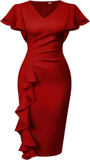 Memoriesea Women's Sexy V Neck Ruffle Short Sleeve Bodycon Cocktail Work Midi Dress
