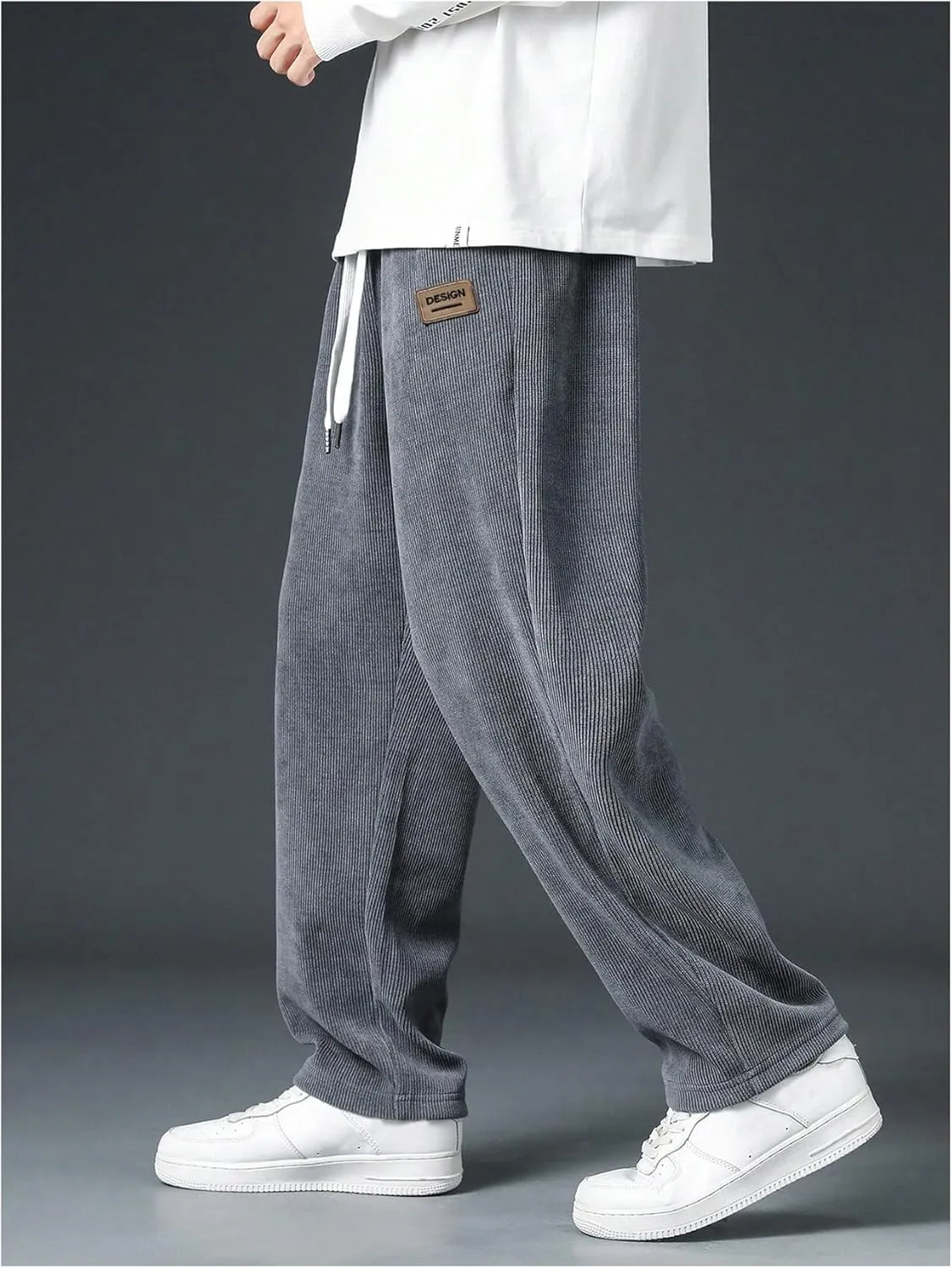 Men's Baggy Pants Tie Front Drawstring Waist Corduroy Pants Casual Loose Straight Leg Pants Trousers
