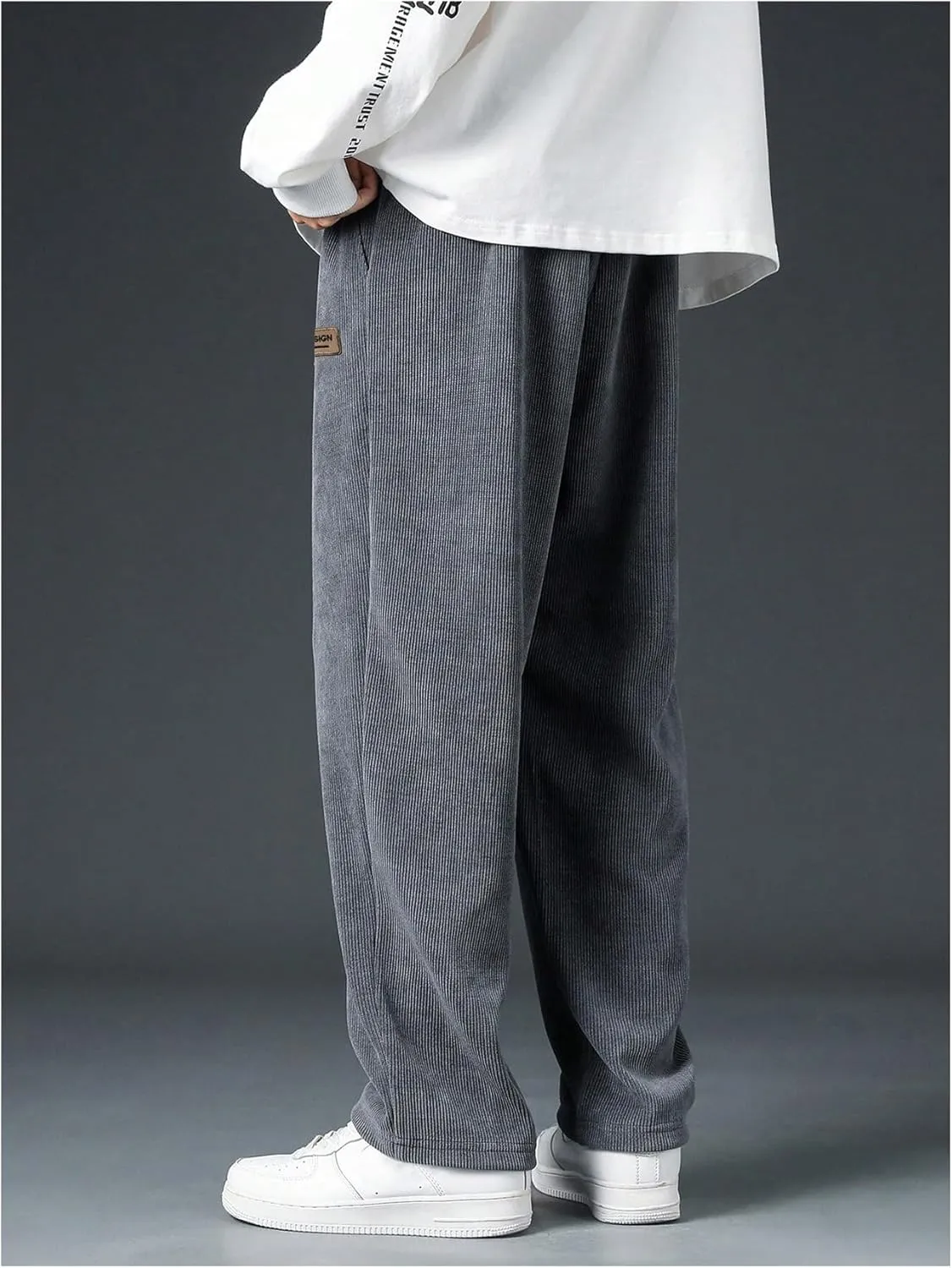 Men's Baggy Pants Tie Front Drawstring Waist Corduroy Pants Casual Loose Straight Leg Pants Trousers