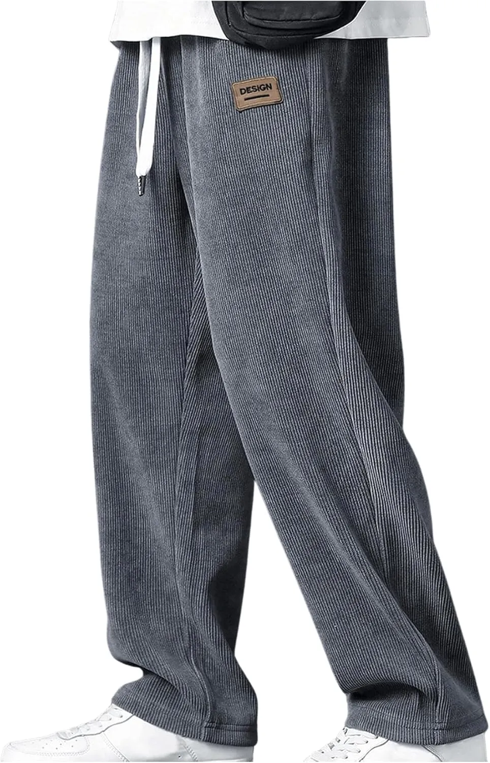 Men's Baggy Pants Tie Front Drawstring Waist Corduroy Pants Casual Loose Straight Leg Pants Trousers