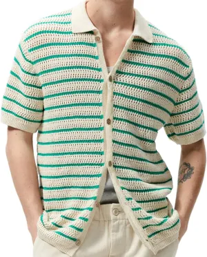 Mens Knit Polo Shirt Fashion Casual Button Down Short Sleeve Striped Crochet Cardigan