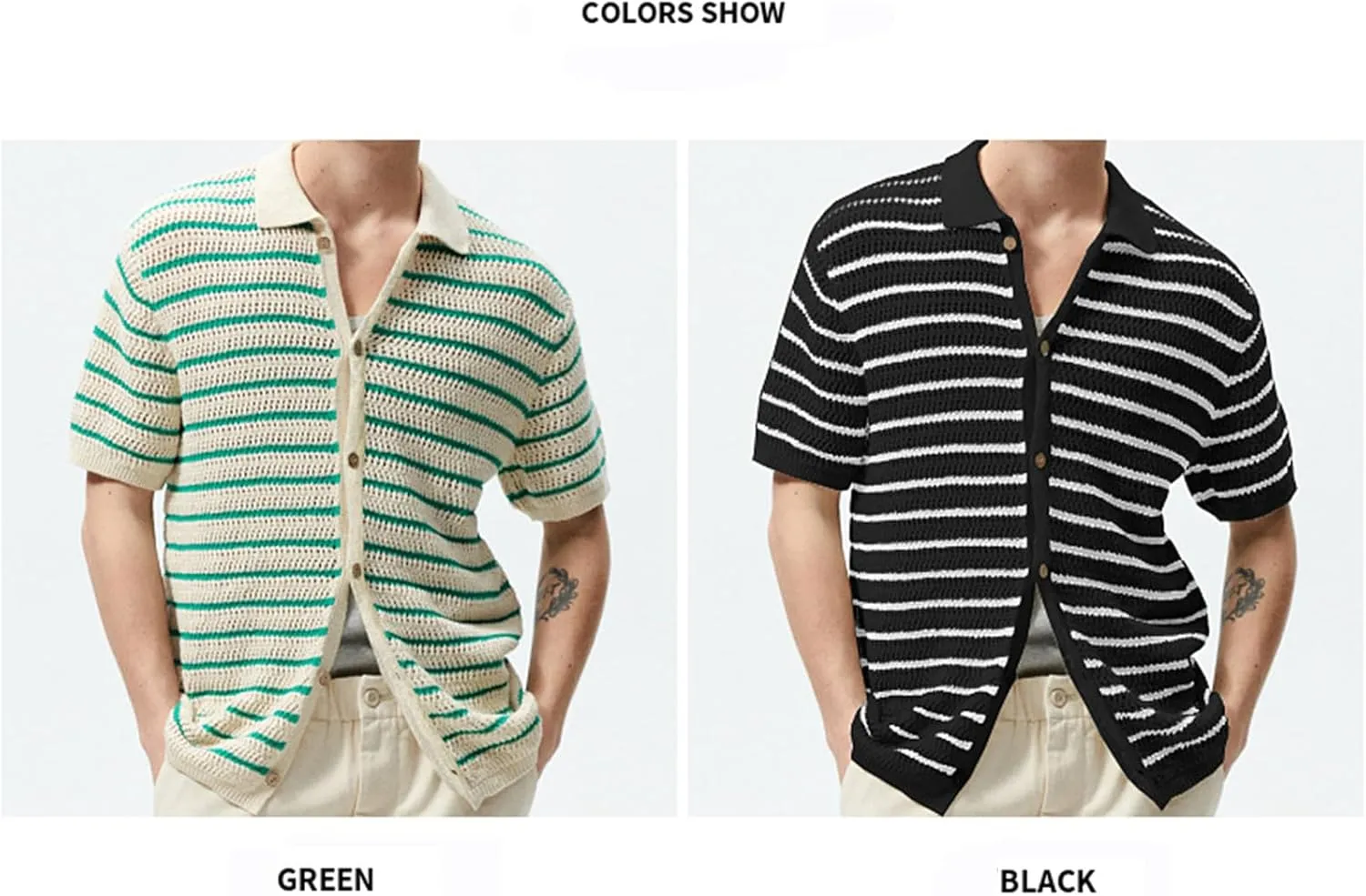Mens Knit Polo Shirt Fashion Casual Button Down Short Sleeve Striped Crochet Cardigan