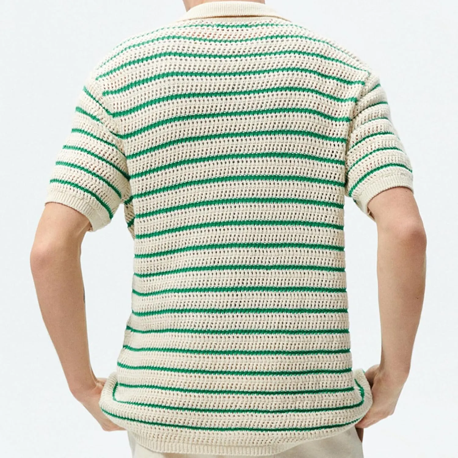 Mens Knit Polo Shirt Fashion Casual Button Down Short Sleeve Striped Crochet Cardigan