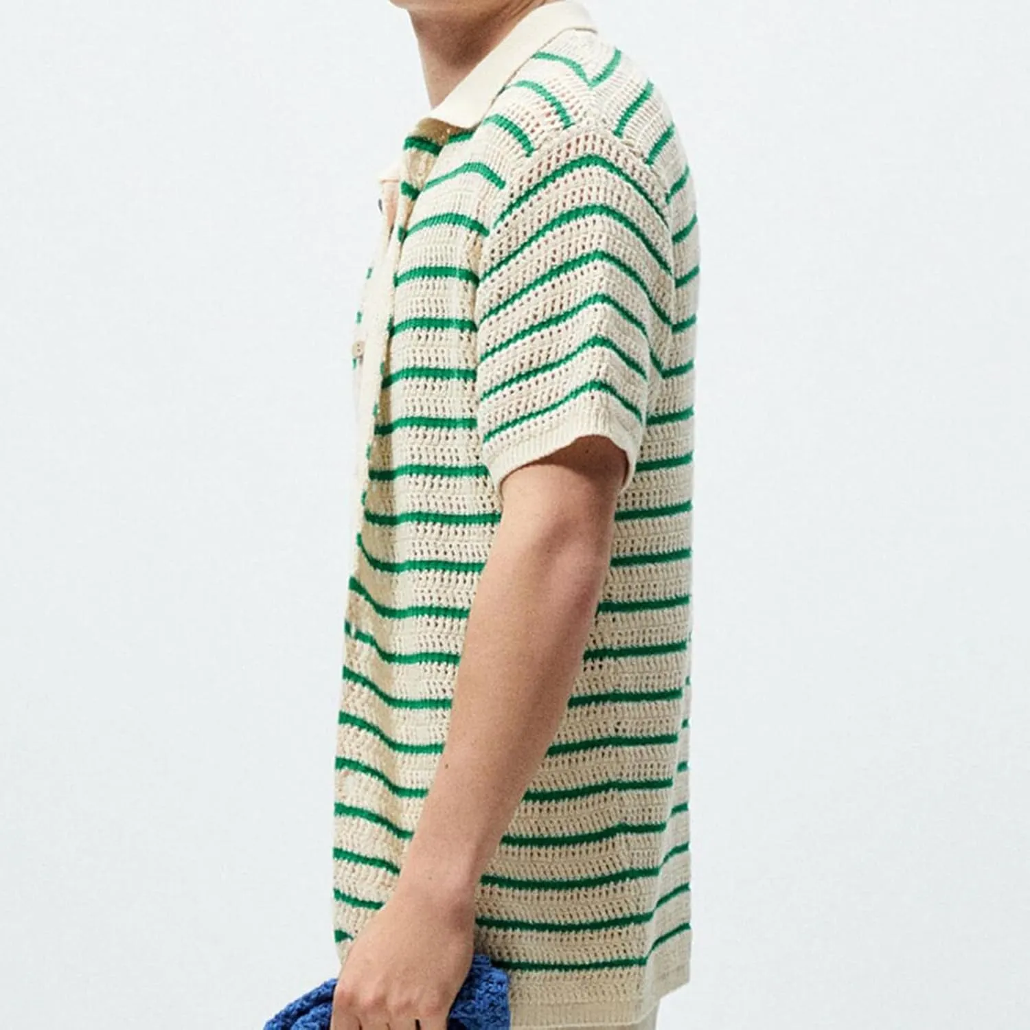 Mens Knit Polo Shirt Fashion Casual Button Down Short Sleeve Striped Crochet Cardigan