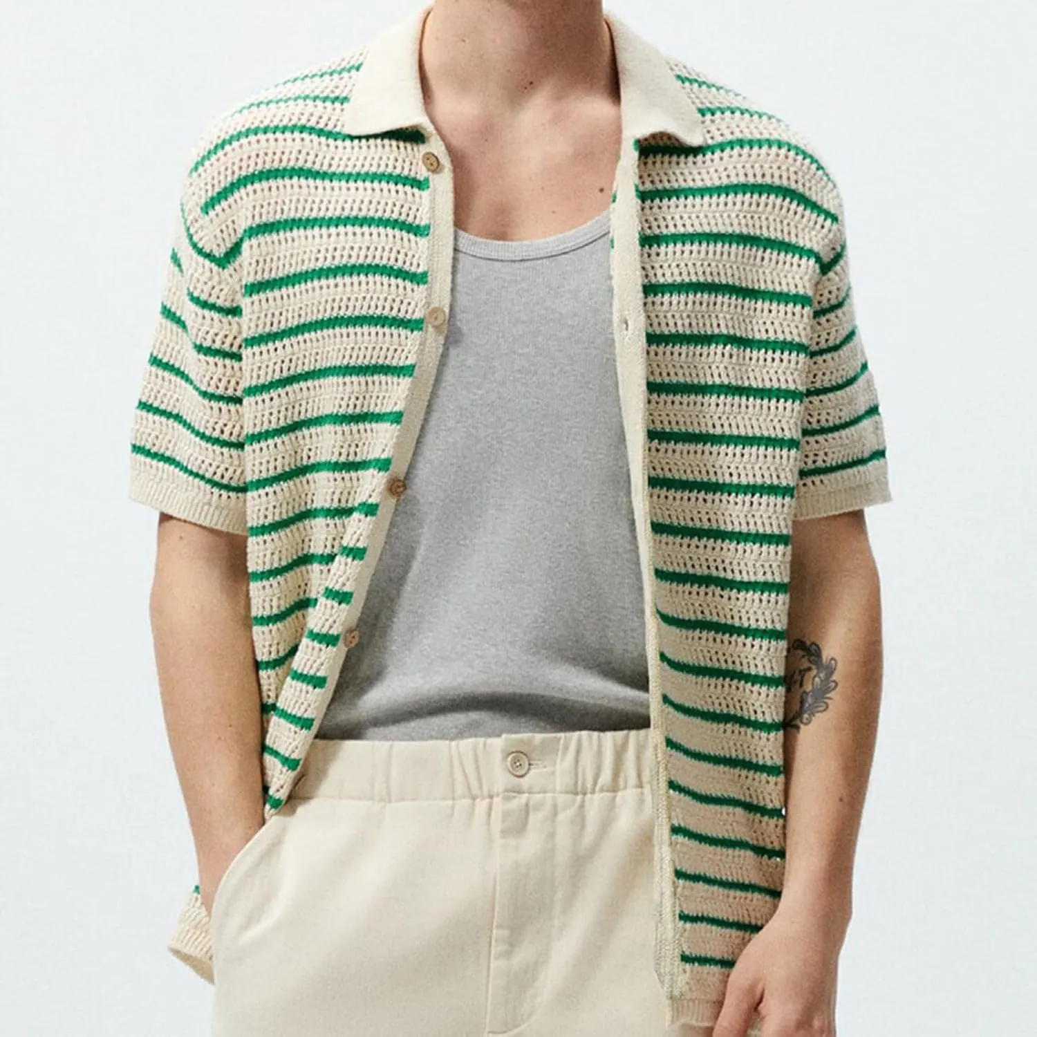 Mens Knit Polo Shirt Fashion Casual Button Down Short Sleeve Striped Crochet Cardigan