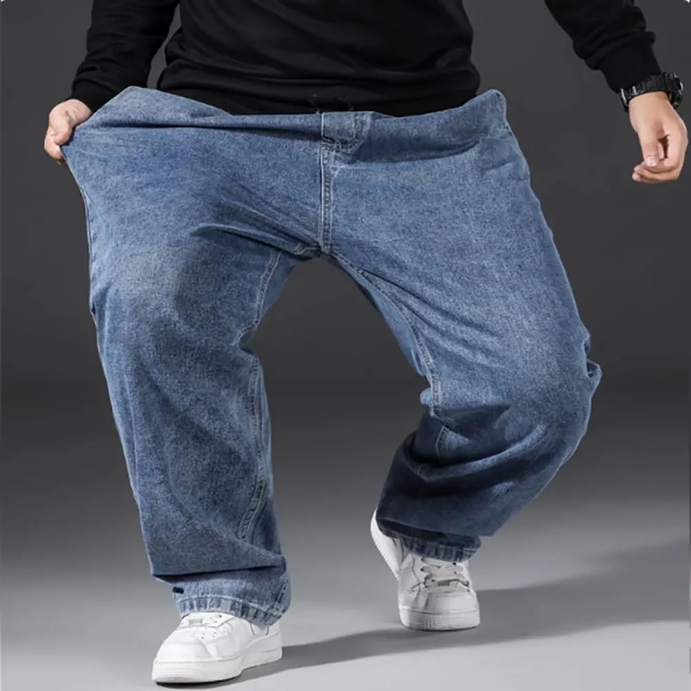 Mens Loose Fit Straight Leg Denim Pants Elastic Waist Stretch Jeans