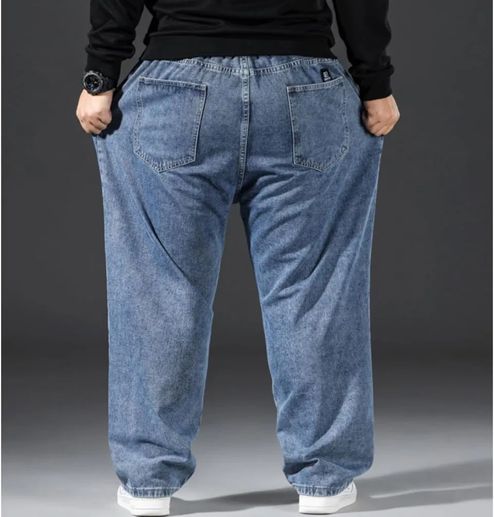 Mens Loose Fit Straight Leg Denim Pants Elastic Waist Stretch Jeans