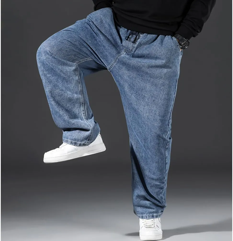 Mens Loose Fit Straight Leg Denim Pants Elastic Waist Stretch Jeans