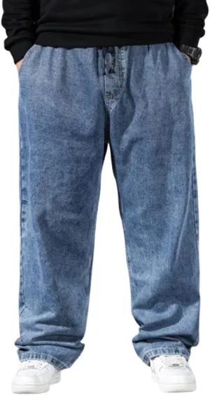 Mens Loose Fit Straight Leg Denim Pants Elastic Waist Stretch Jeans