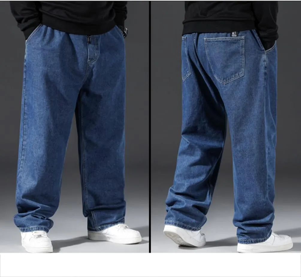 Mens Loose Fit Straight Leg Denim Pants Elastic Waist Stretch Jeans