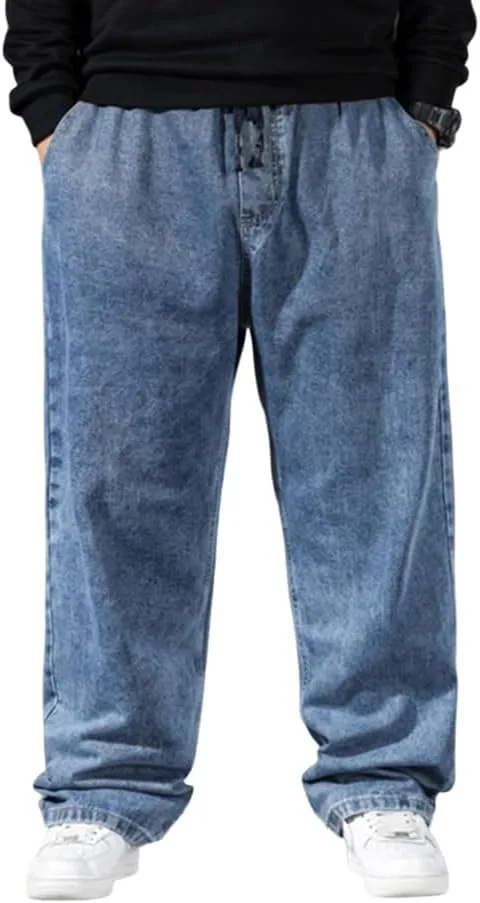 Mens Loose Fit Straight Leg Denim Pants Elastic Waist Stretch Jeans