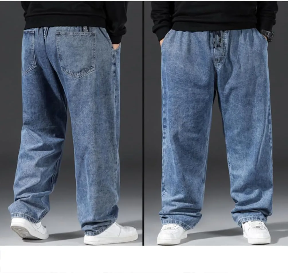 Mens Loose Fit Straight Leg Denim Pants Elastic Waist Stretch Jeans