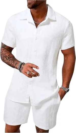 Men's Short Sets 2 Piece Outfits Button Down Linen Shirts and Short Sets Summer Beach Outfis