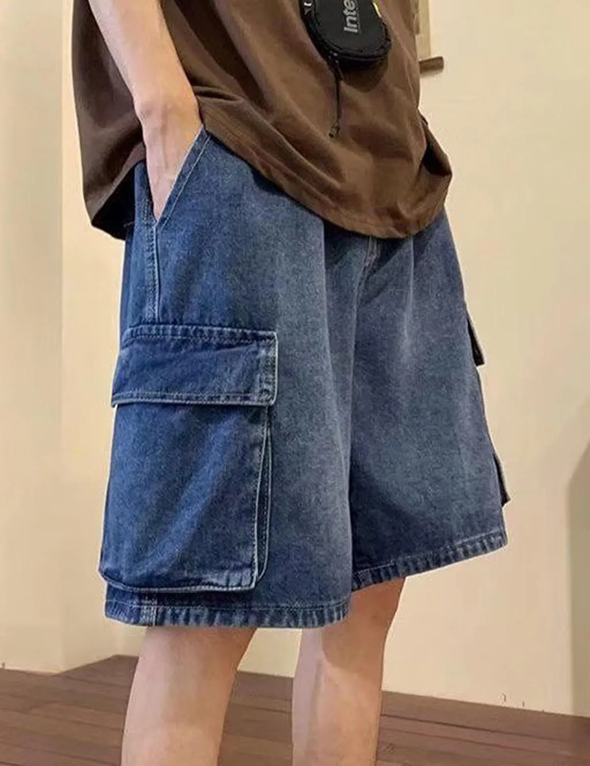 Mens Y2K Blue Denim Shorts Aesthetic Baggy Jeans Shorts Hip Hop Straight Leg Jorts Harajuku Streetwear