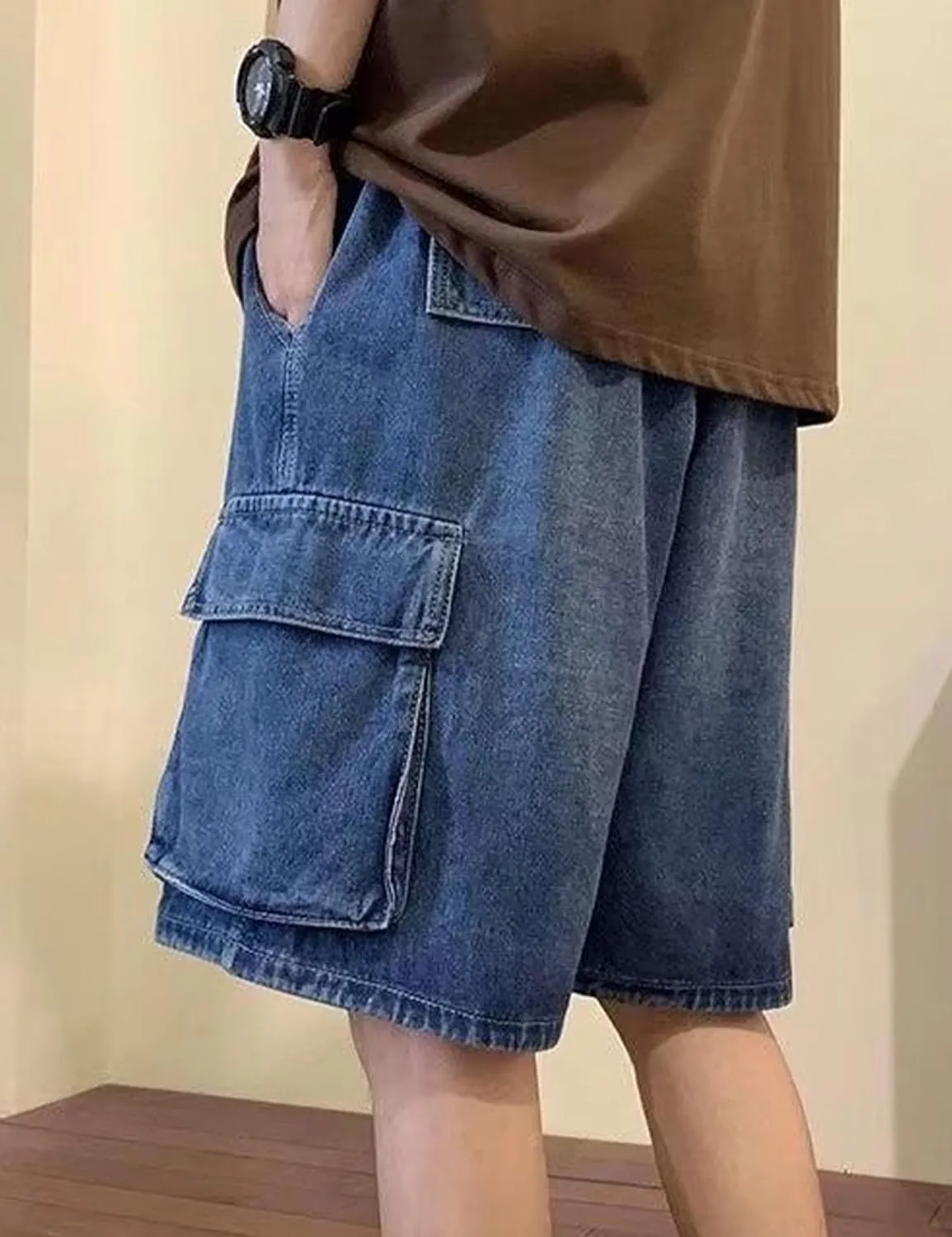Mens Y2K Blue Denim Shorts Aesthetic Baggy Jeans Shorts Hip Hop Straight Leg Jorts Harajuku Streetwear