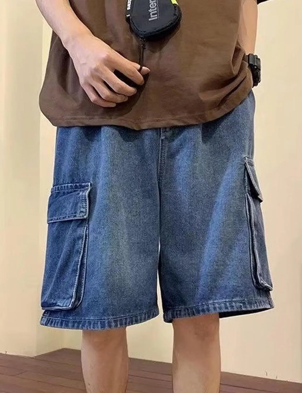 Mens Y2K Blue Denim Shorts Aesthetic Baggy Jeans Shorts Hip Hop Straight Leg Jorts Harajuku Streetwear