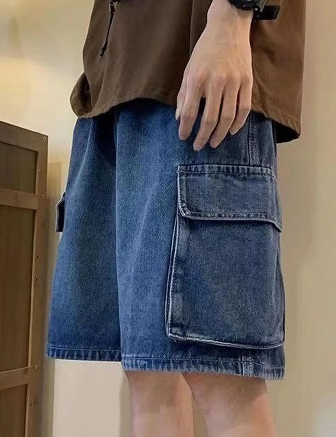 Mens Y2K Blue Denim Shorts Aesthetic Baggy Jeans Shorts Hip Hop Straight Leg Jorts Harajuku Streetwear