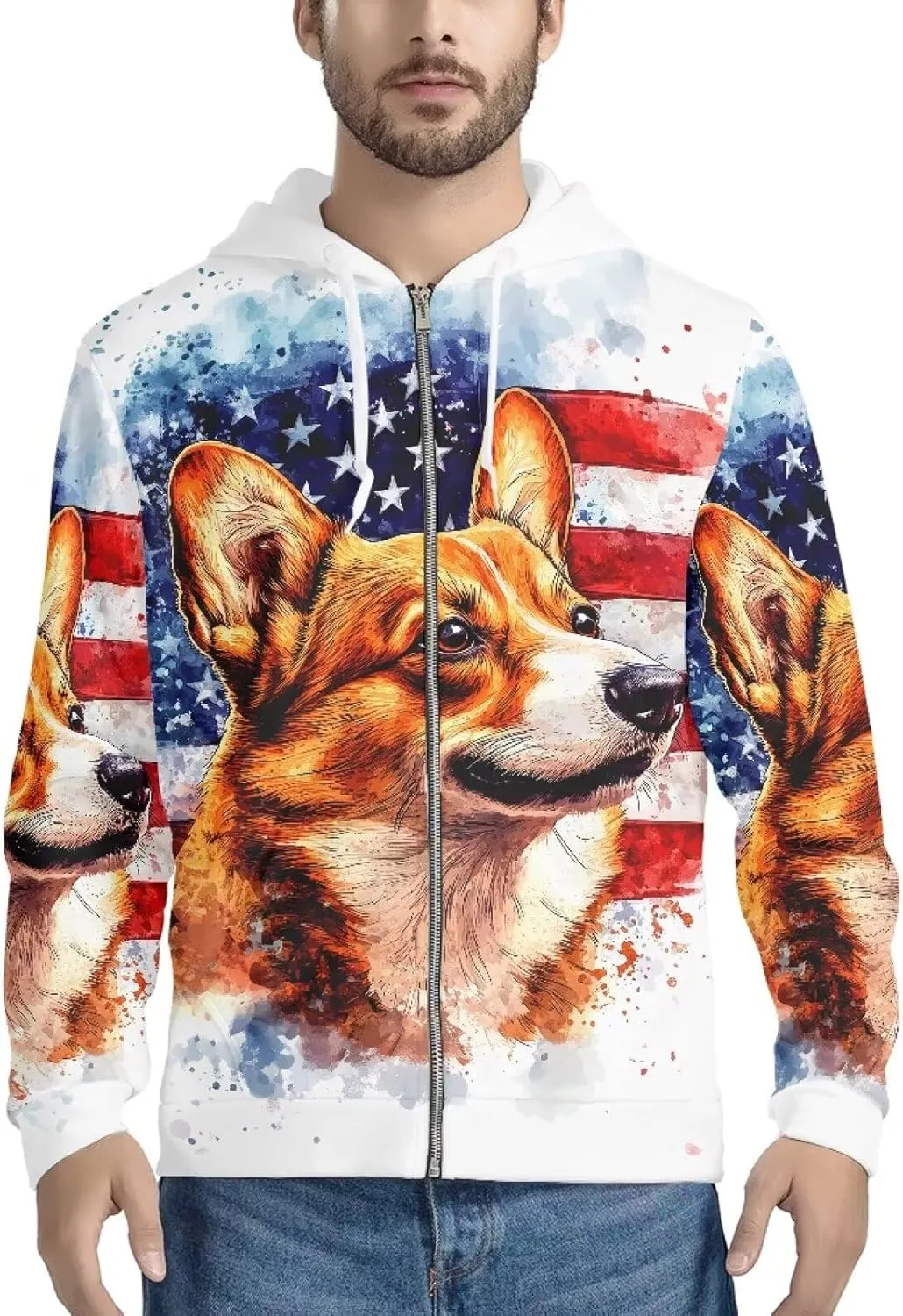 Mens Zip Up Hoodie Unique Print Hooded Sweatshirt Casual Oversized Long Sleeve Tops
