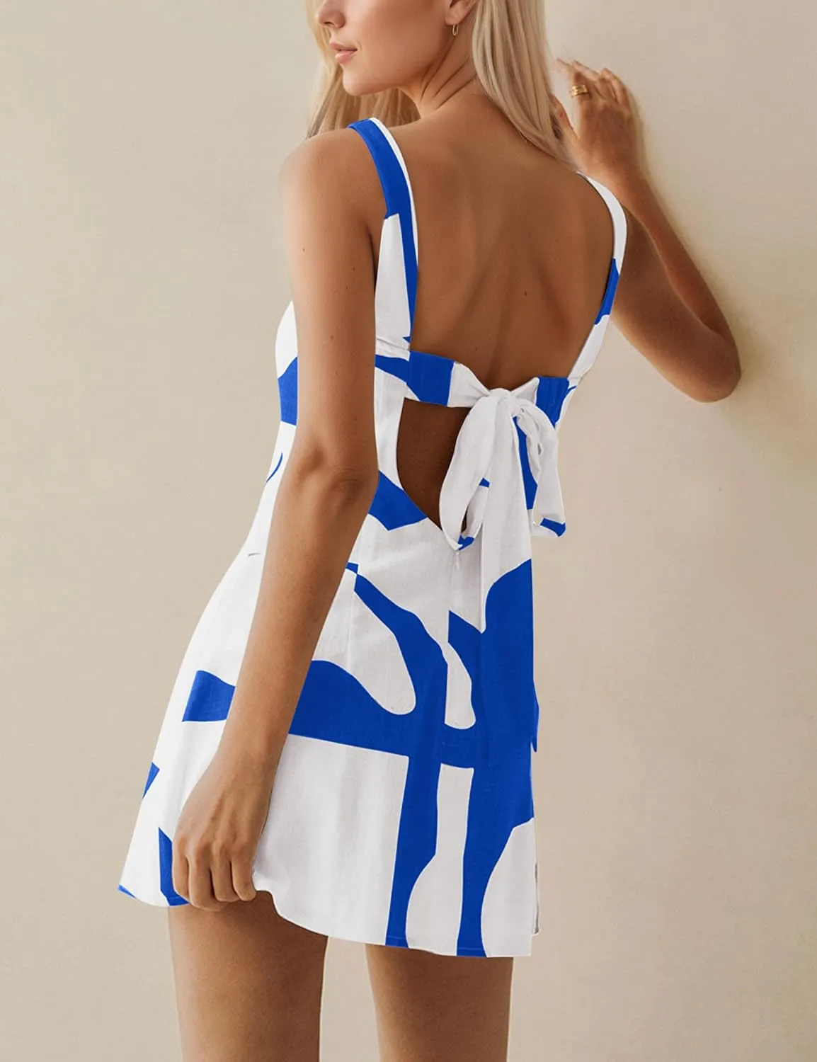MISSACTIVER Women Sleeveless Linen Mini Dress Print Backless Square Neck Tank Dress Boho Vacation Sundress Shift Dresses