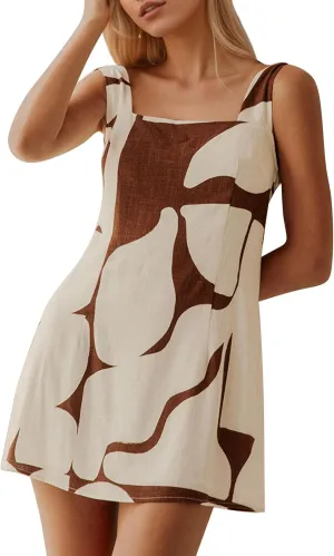MISSACTIVER Women Sleeveless Linen Mini Dress Print Backless Square Neck Tank Dress Boho Vacation Sundress Shift Dresses