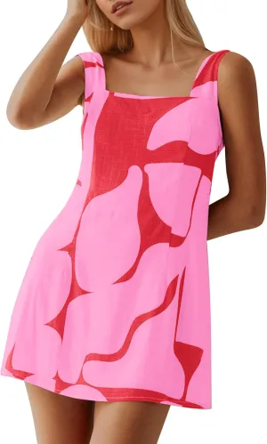 MISSACTIVER Women Sleeveless Linen Mini Dress Print Backless Square Neck Tank Dress Boho Vacation Sundress Shift Dresses