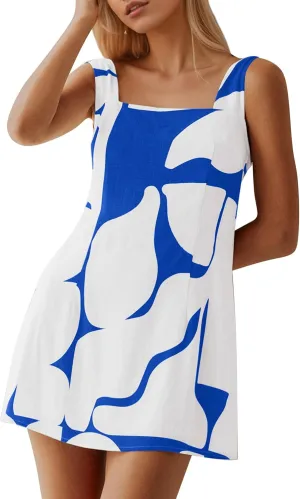 MISSACTIVER Women Sleeveless Linen Mini Dress Print Backless Square Neck Tank Dress Boho Vacation Sundress Shift Dresses