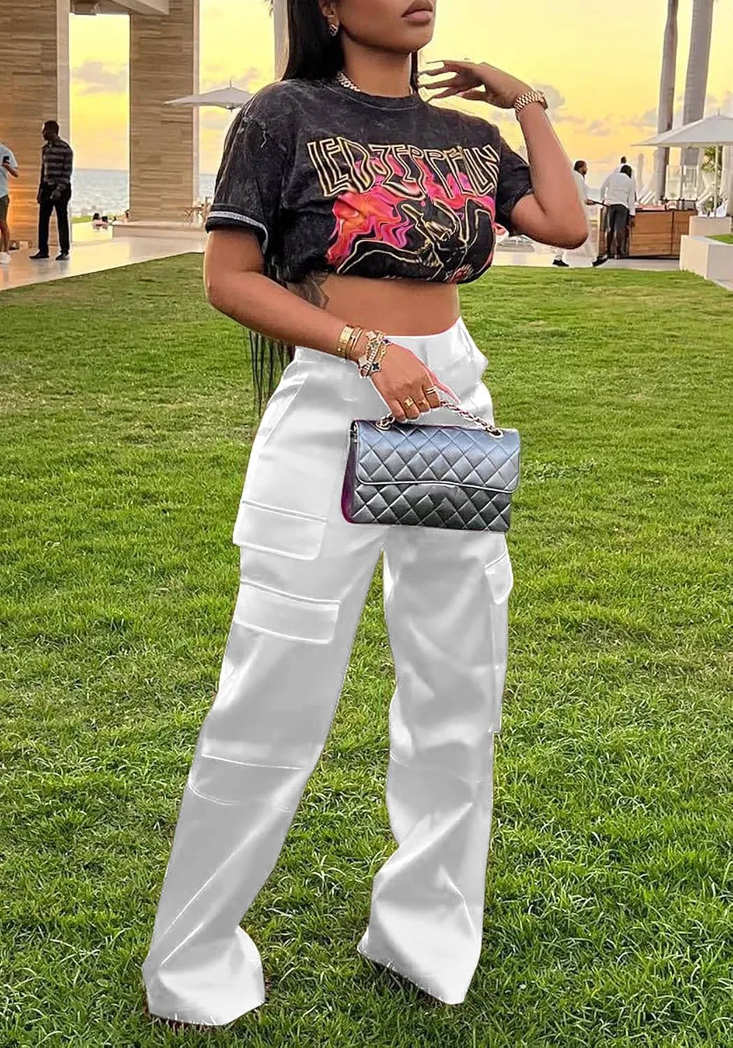 NRTHYE Women High Waisted Satin Cargo Pants Wide Leg Casual Pants Multi Pockets Straight Trousers