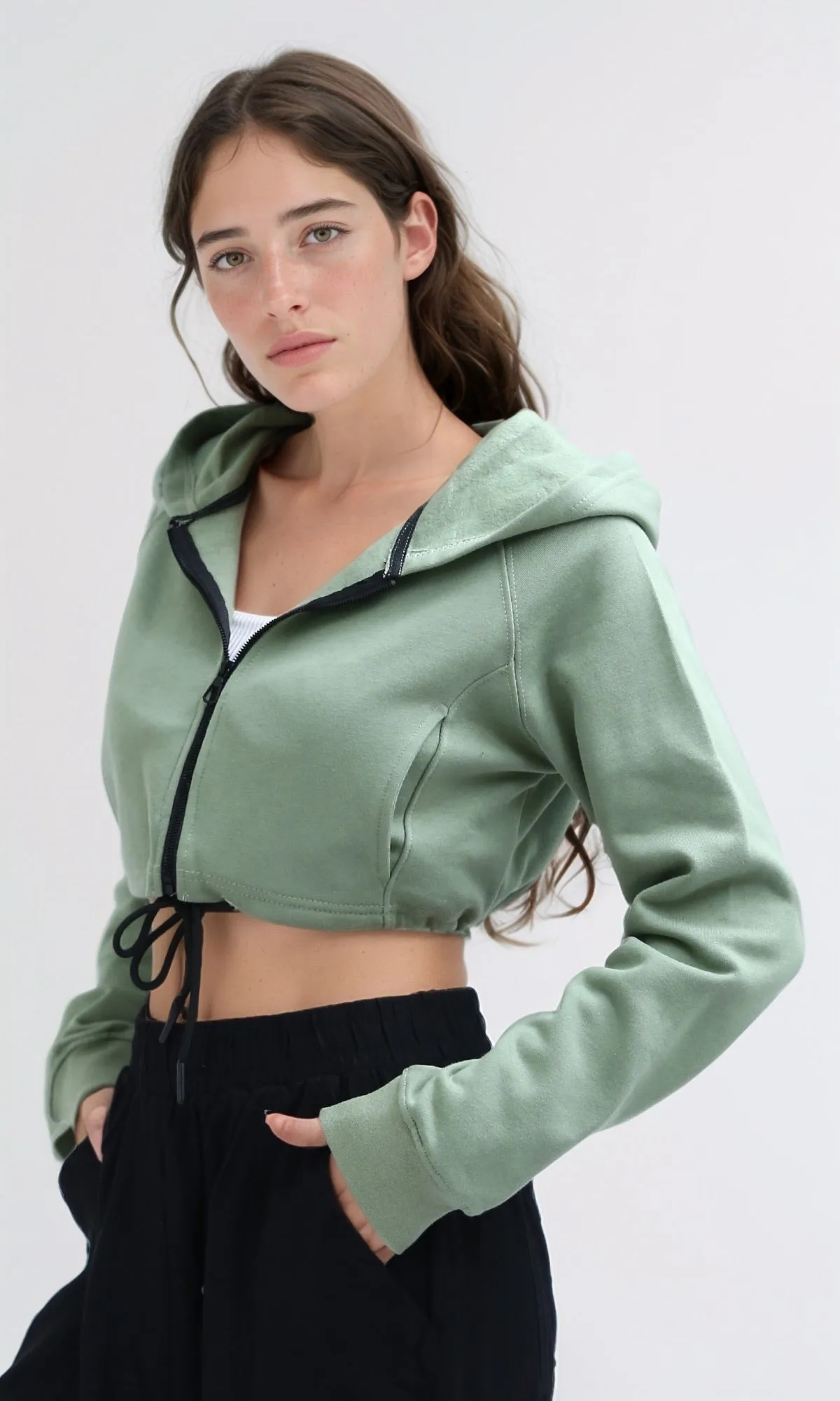 O199240 - Relaxed Fit Cropped Cotton Sweatshirt - Light Green