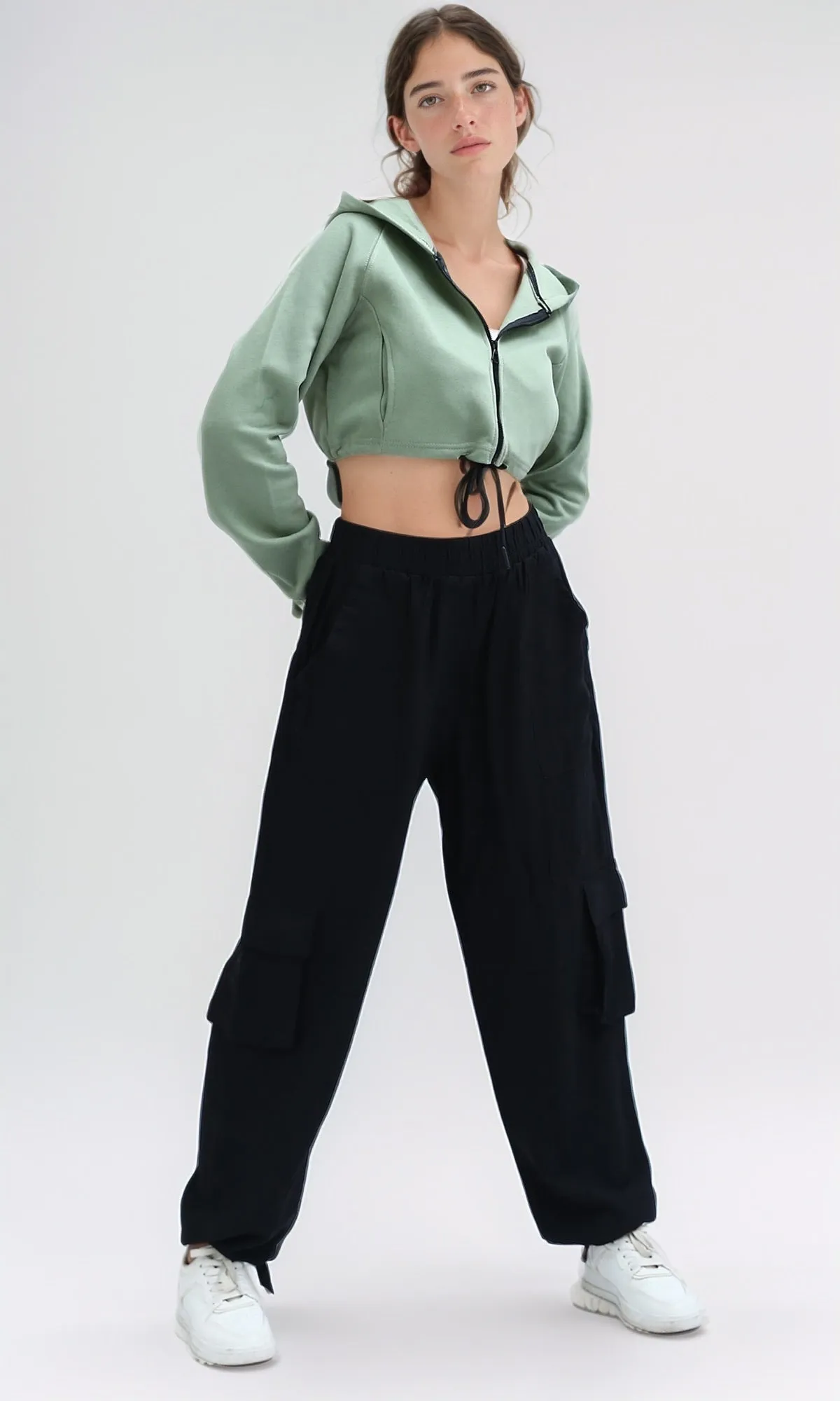 O199240 - Relaxed Fit Cropped Cotton Sweatshirt - Light Green