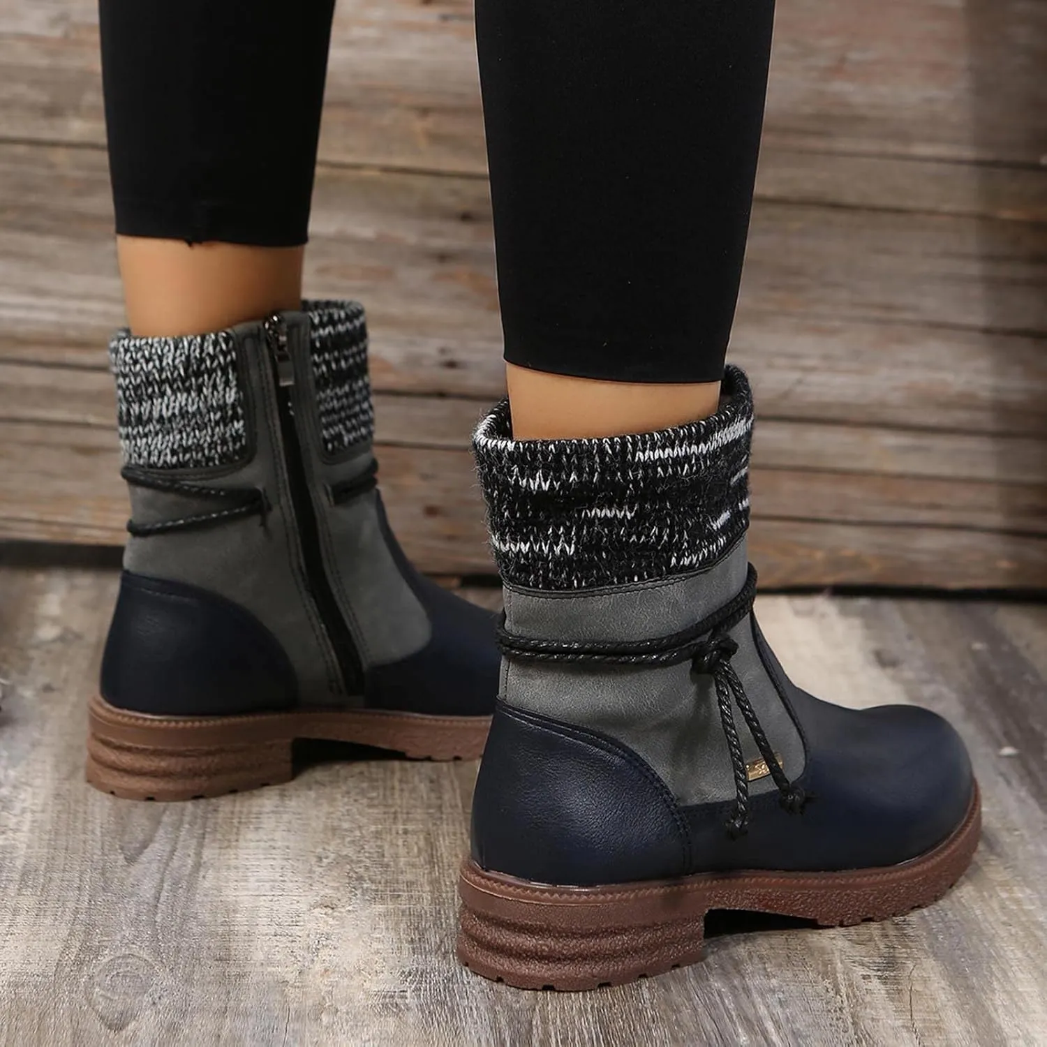 oiangi Boots for Women Low Heel Winter Fashion Round Toe Side Zipper Wool Mouth Warm Block Chunky Heel Mid Calf Boots Solid Casual Bandage Ladies Shoes