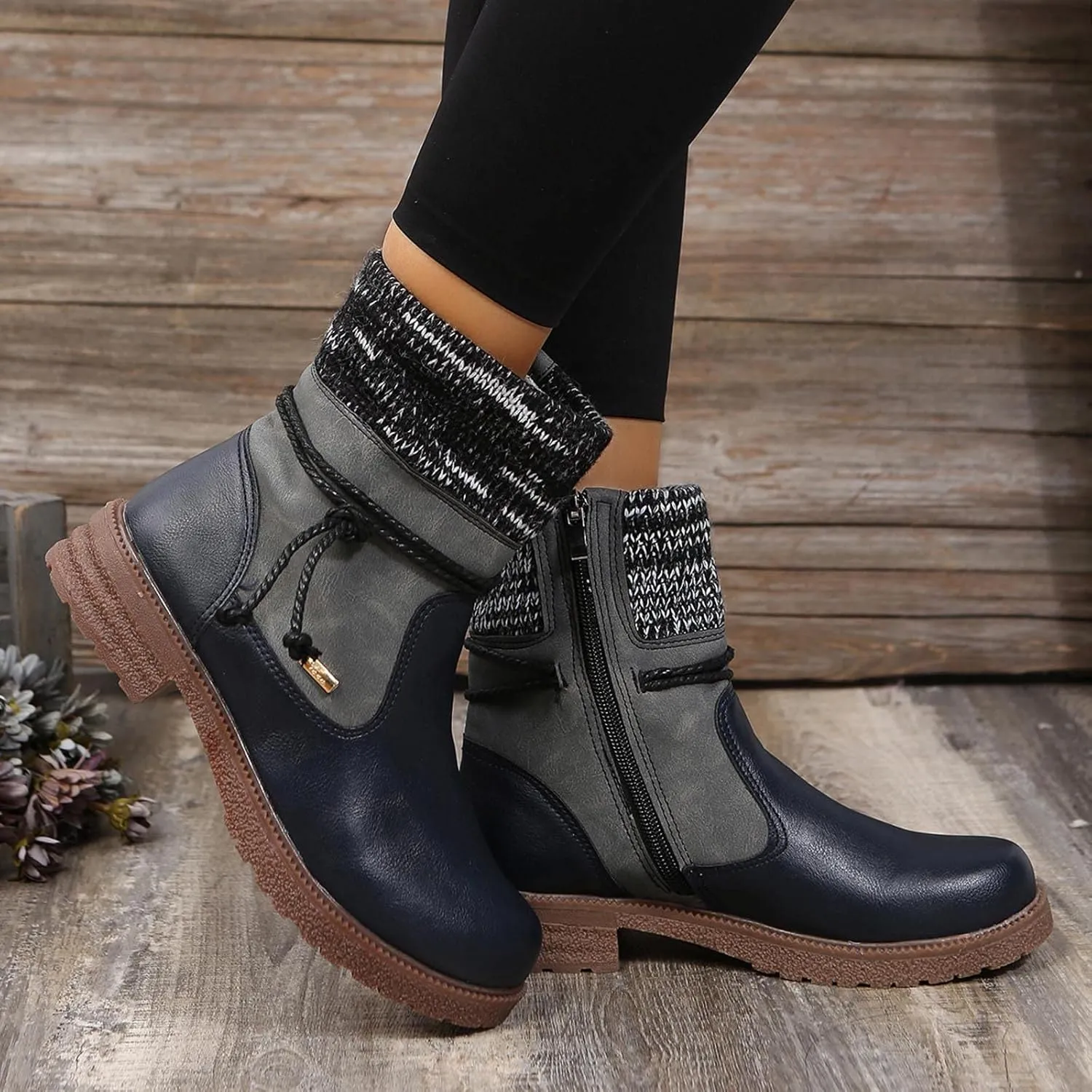 oiangi Boots for Women Low Heel Winter Fashion Round Toe Side Zipper Wool Mouth Warm Block Chunky Heel Mid Calf Boots Solid Casual Bandage Ladies Shoes