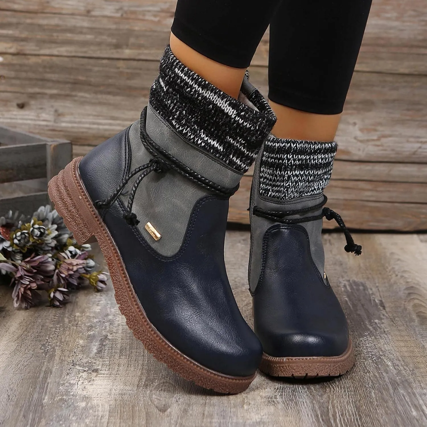 oiangi Boots for Women Low Heel Winter Fashion Round Toe Side Zipper Wool Mouth Warm Block Chunky Heel Mid Calf Boots Solid Casual Bandage Ladies Shoes