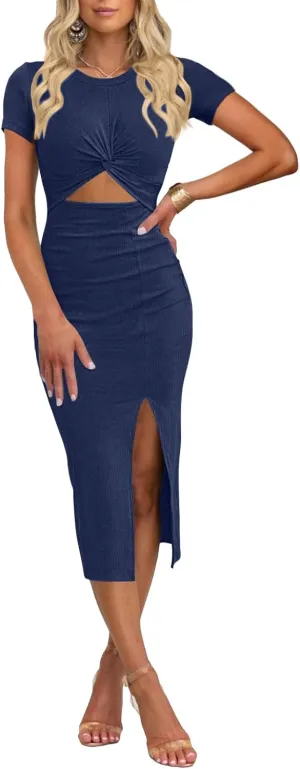 oten Women's Summer Short Sleeve Cutout Twist Front Side Slit Ribbed Knit Party Club Bodycon Midi Dresses