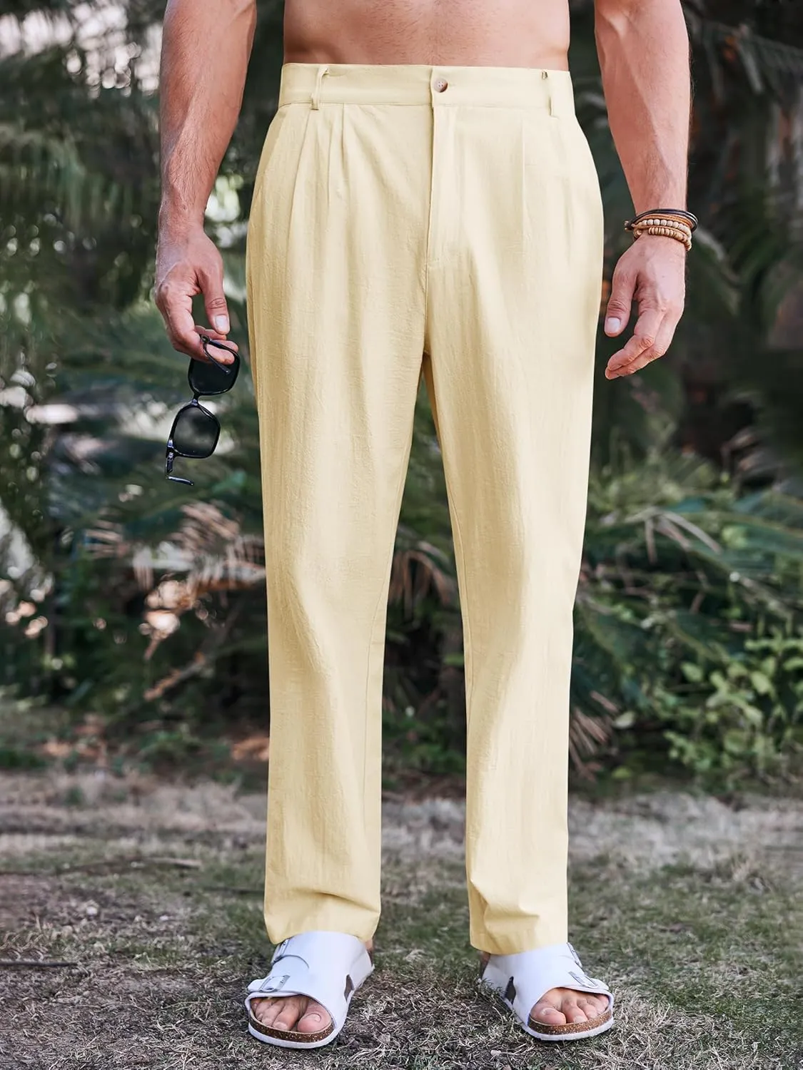 PASLTER Mens Casual Cotton Linen Pants Loose Fit Elastic Waist Yoga Beach Trousers with Pockets