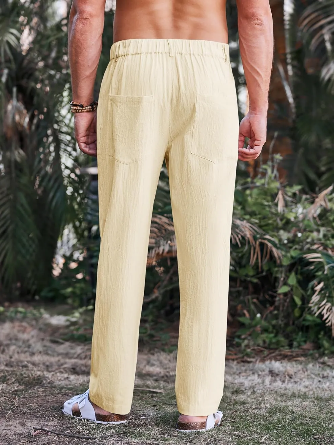 PASLTER Mens Casual Cotton Linen Pants Loose Fit Elastic Waist Yoga Beach Trousers with Pockets