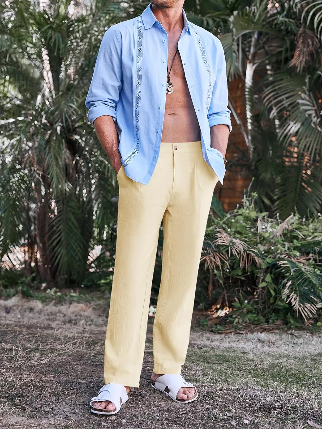 PASLTER Mens Casual Cotton Linen Pants Loose Fit Elastic Waist Yoga Beach Trousers with Pockets