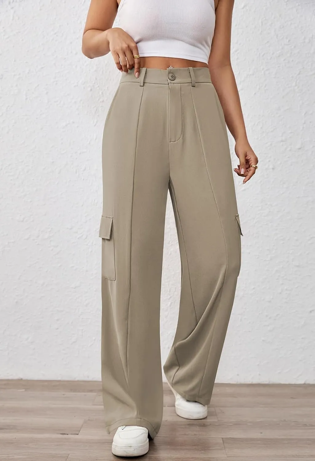 Pink Queen Women High Waisted Wide Leg Cargo Pants Button Down Loose Casual Trendy Work Trousers with 4 Pockets
