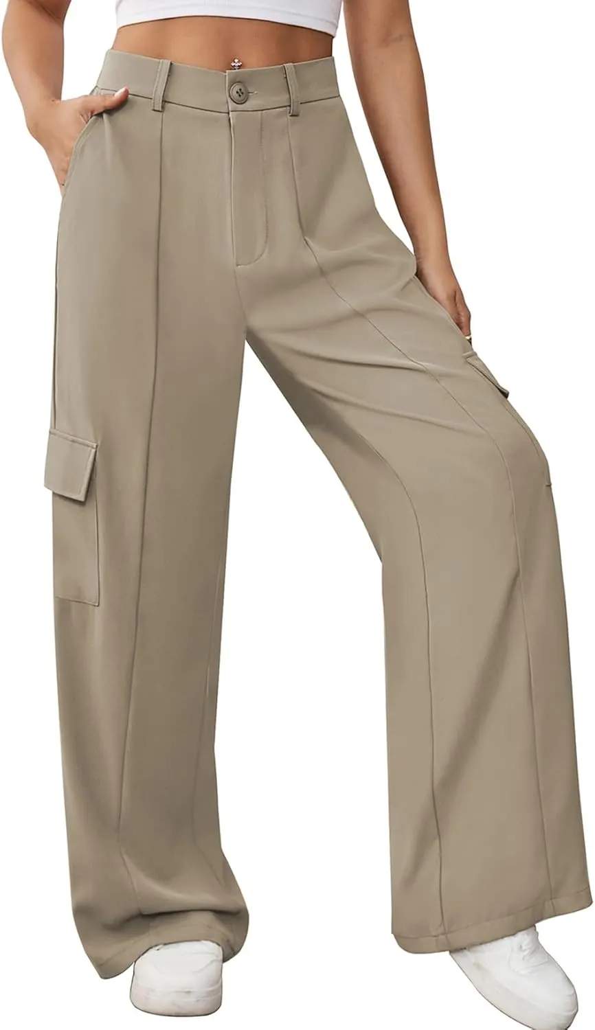Pink Queen Women High Waisted Wide Leg Cargo Pants Button Down Loose Casual Trendy Work Trousers with 4 Pockets