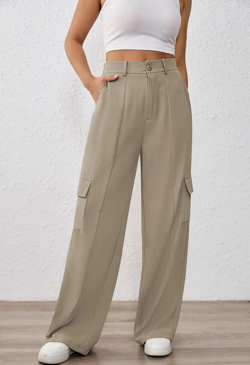 Pink Queen Women High Waisted Wide Leg Cargo Pants Button Down Loose Casual Trendy Work Trousers with 4 Pockets