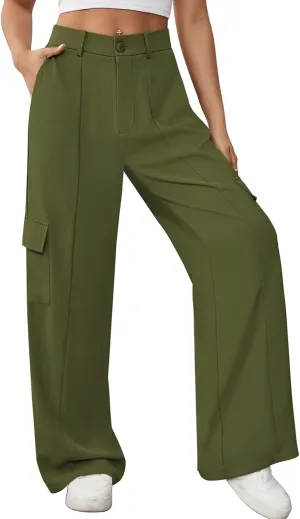 Pink Queen Women High Waisted Wide Leg Cargo Pants Button Down Loose Casual Trendy Work Trousers with 4 Pockets