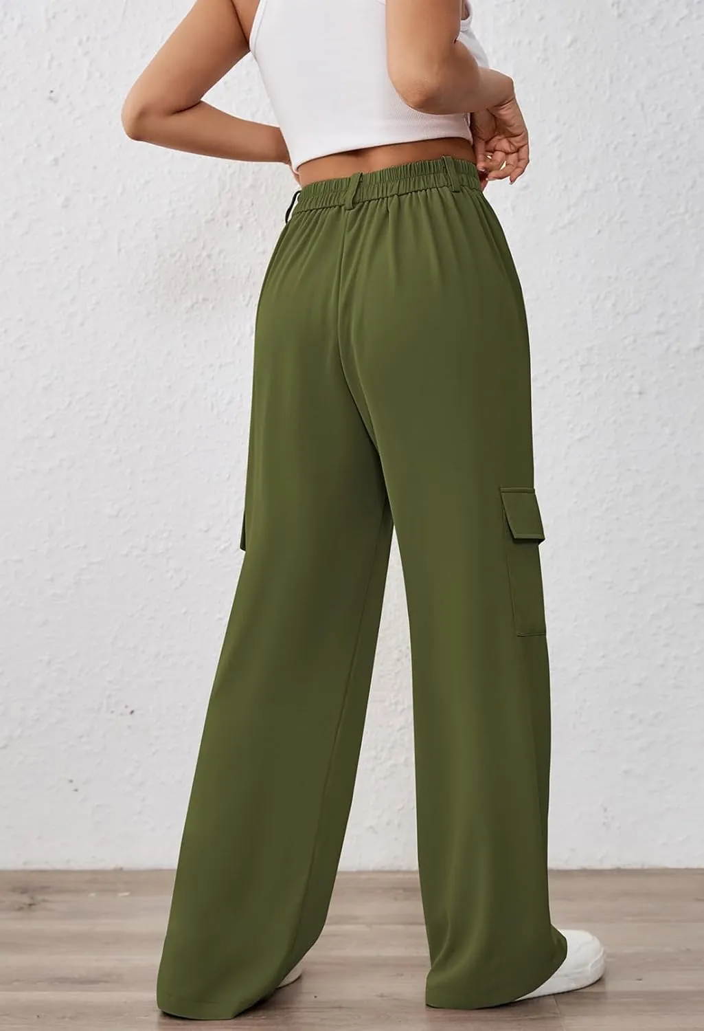 Pink Queen Women High Waisted Wide Leg Cargo Pants Button Down Loose Casual Trendy Work Trousers with 4 Pockets