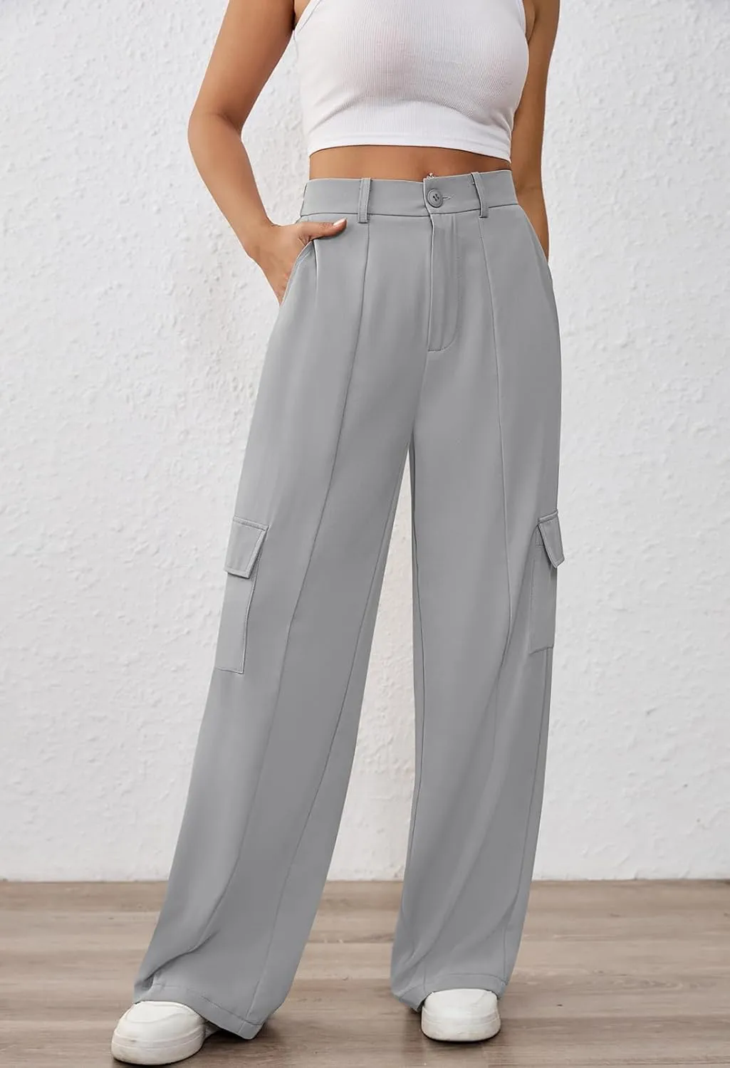 Pink Queen Women High Waisted Wide Leg Cargo Pants Button Down Loose Casual Trendy Work Trousers with 4 Pockets
