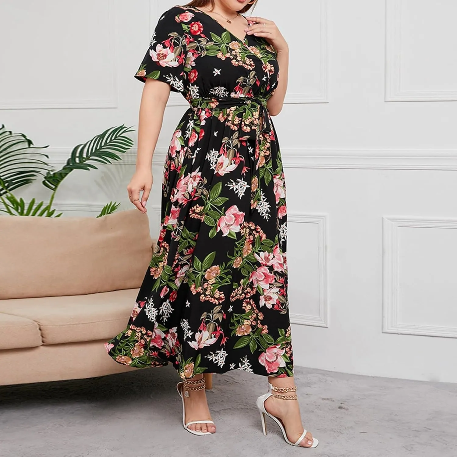 Plus Size Dress for Women High Waist V Neck Short Sleeve Midi Beach Sundress Floral Print Cocktail Party Dresses