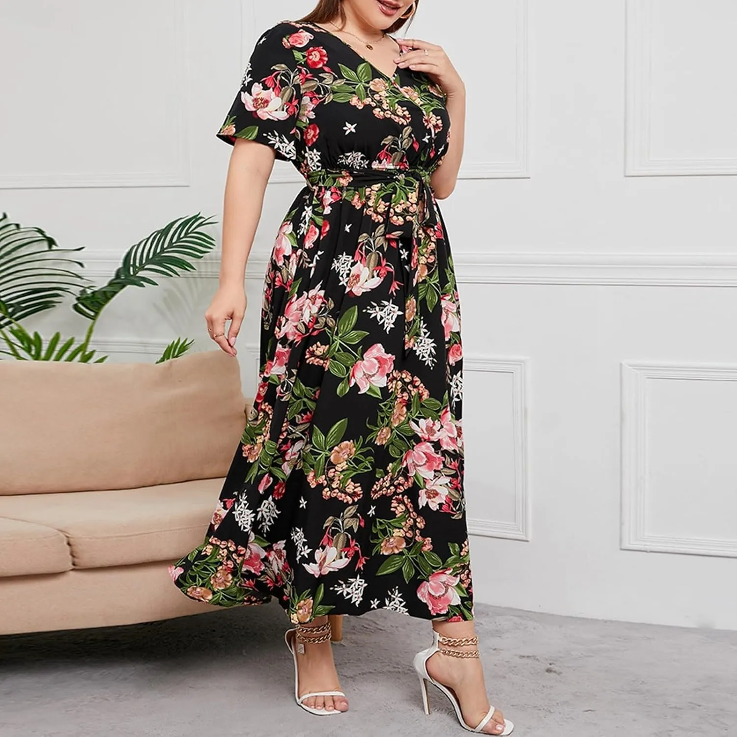 Plus Size Dress for Women High Waist V Neck Short Sleeve Midi Beach Sundress Floral Print Cocktail Party Dresses