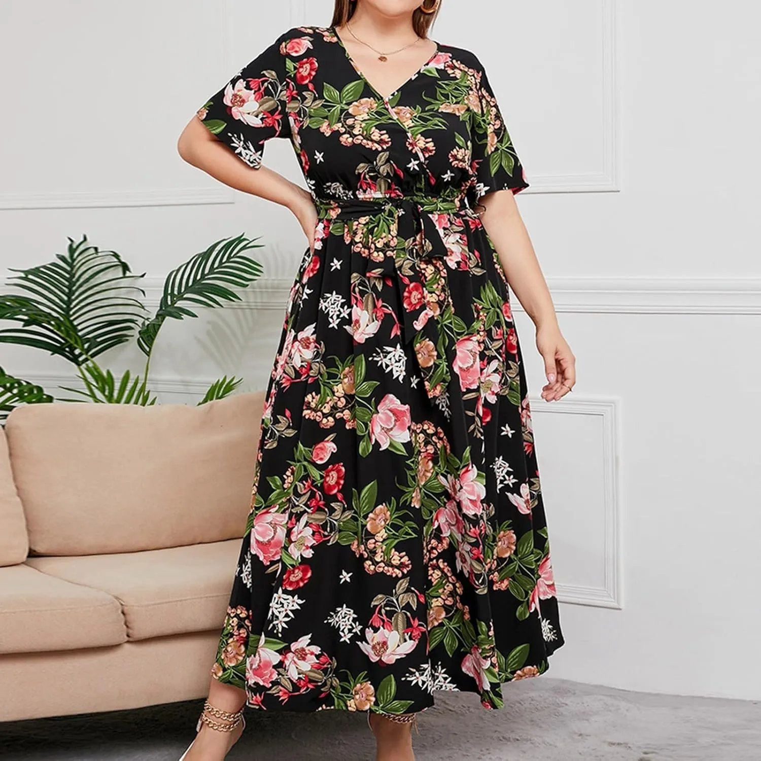 Plus Size Dress for Women High Waist V Neck Short Sleeve Midi Beach Sundress Floral Print Cocktail Party Dresses